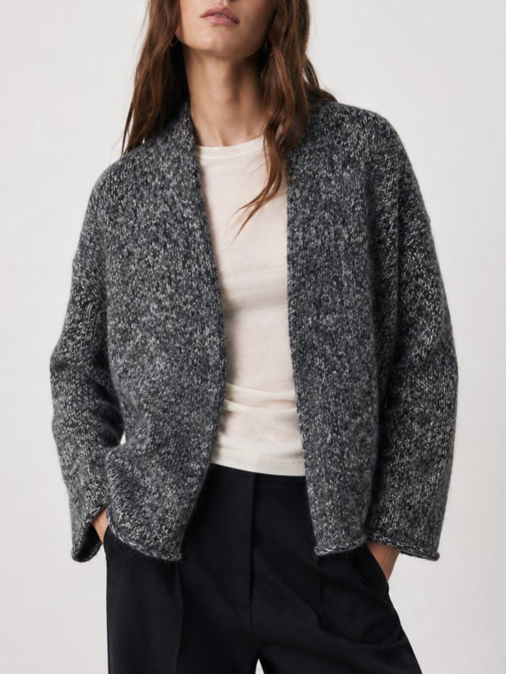 Zara Knit Open Front‎ Alpaca Blend Sweater Cardigan Blue Ivory Large